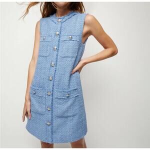 Veronica Beard Laurel Tweed Mini Dress Skylight Blue 4 Buttons Sleeveless Lined
